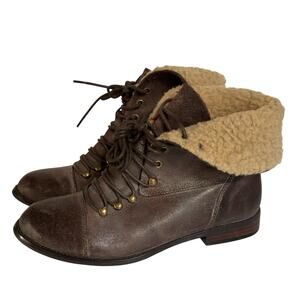 Miz Mooz Hiro Brown Leather Ankle Boots Faux Fur Lined Lace Up Women’s 6.5